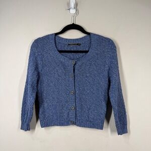 Peruvian Connection Blue Pima Cotton Cropped Cardigan Sweater Pointelle Small